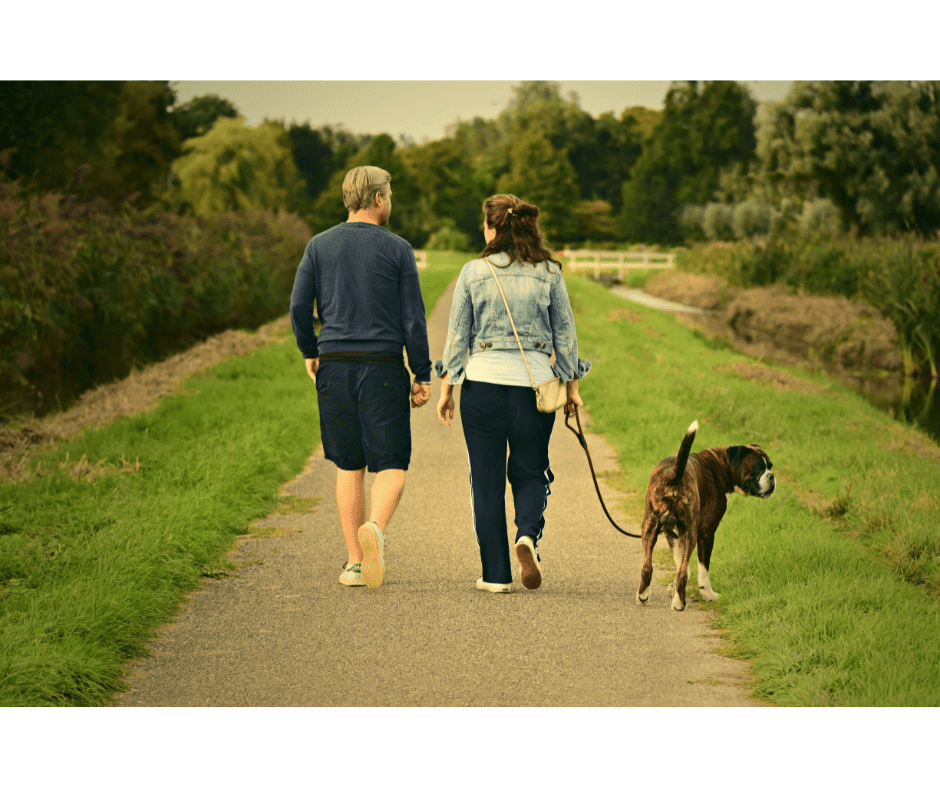 Man Woman Walking Dog